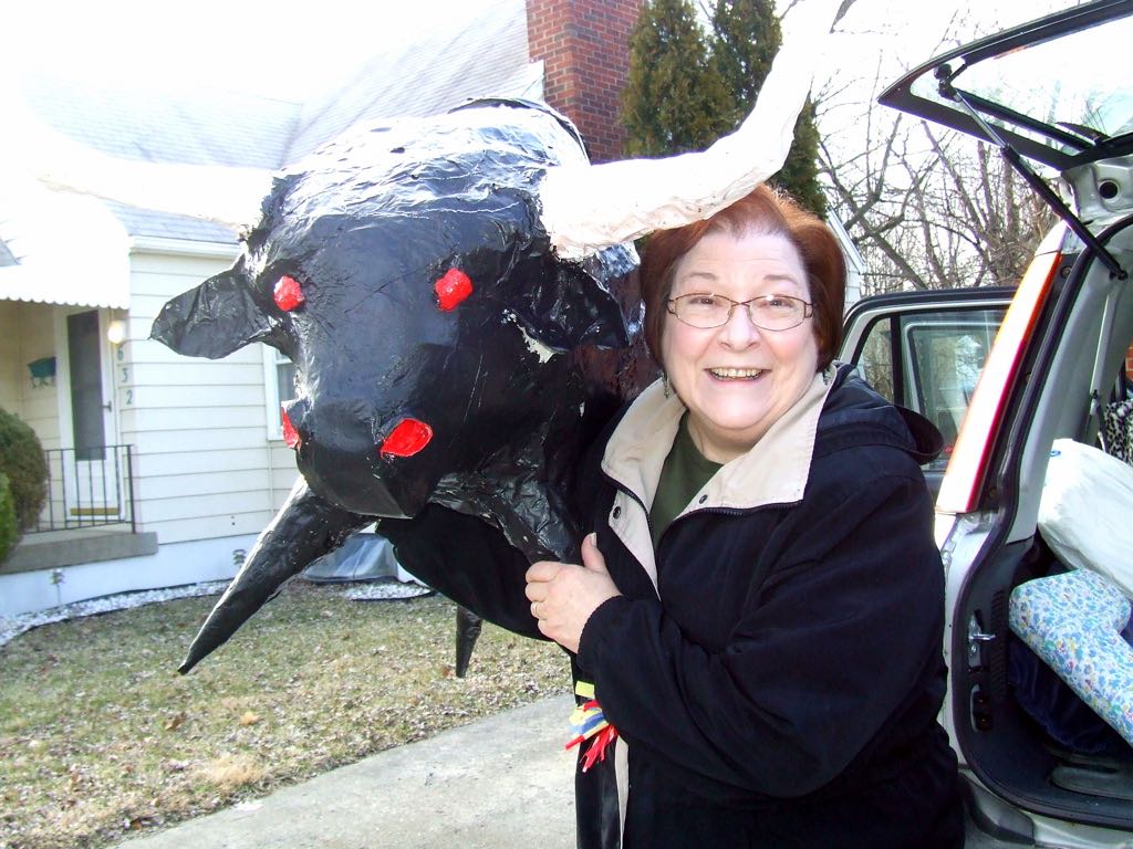 Mary Lou Prepares to Load in Our Car the Large Bull Piñata She Made for an Art Institute Docent Party