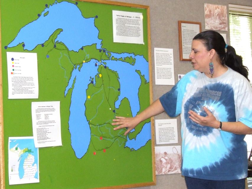 Nokomis Native American Cultural Center Volunteer Indicates Traditional Native Lands in Michigan